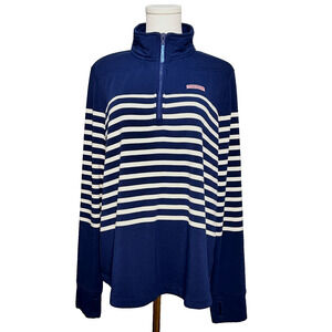 Vineyard Vines Women's Blue White Stripe Shep Shirt 1/4 Zip Large Thumbholes